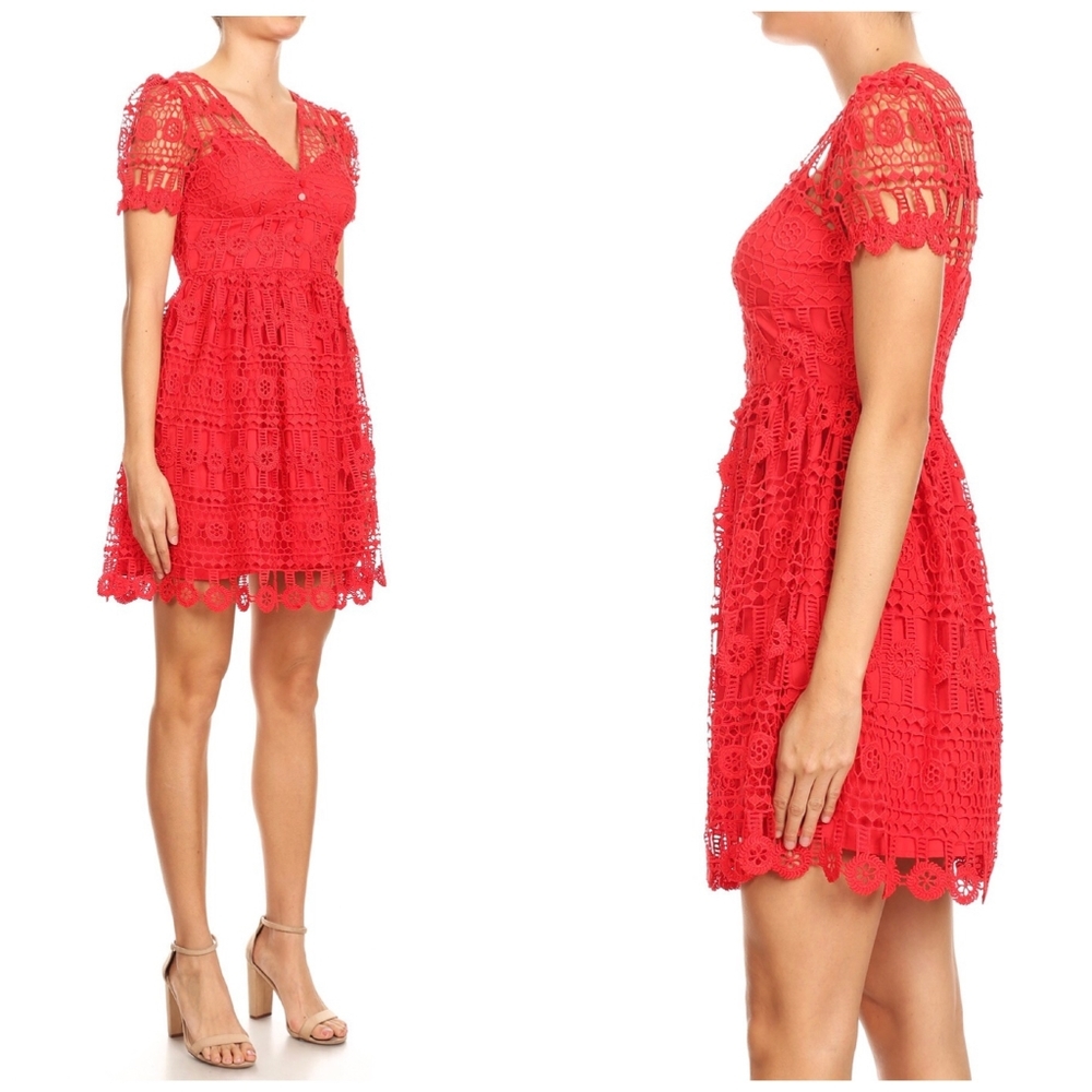 INA Sophisticated Chic Hot Red Crochet Overlay Short Dress - Picture 5 of 5